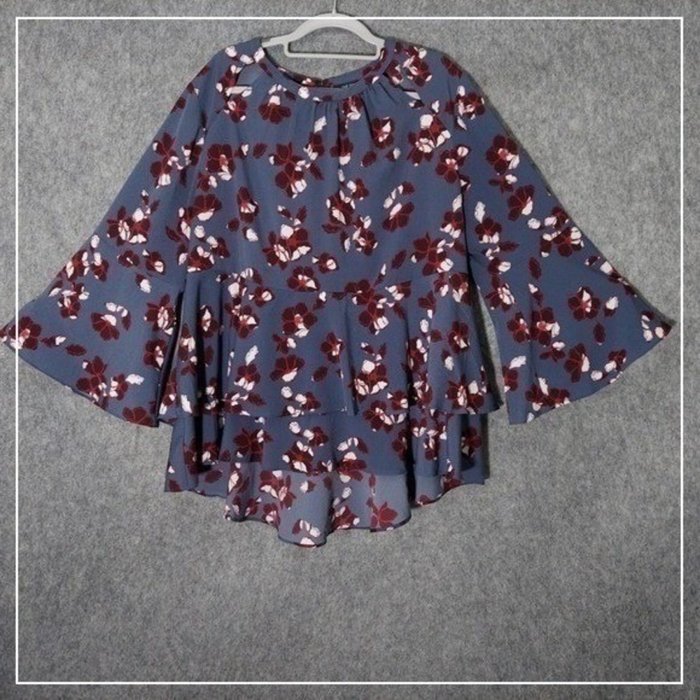 Lane Bryant Tunic Women Plus 16 Blue Floral Bell Sleeve Boho Peasant Blouse Top